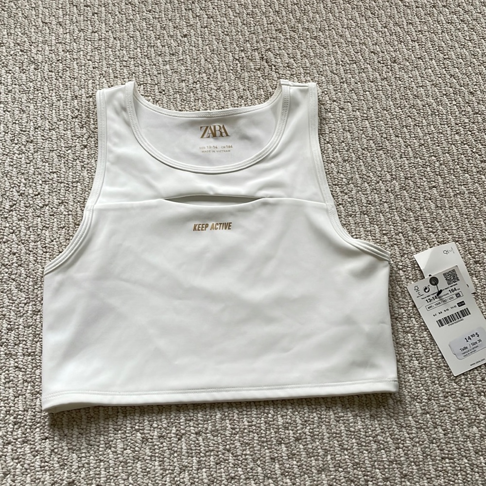 Zara Kids “keep active” logo white tank top with cutout  size 13-14